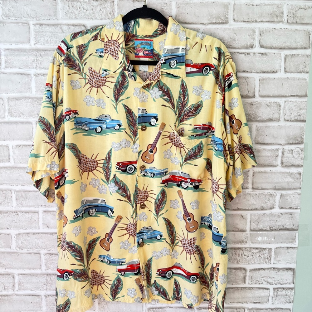 VTG Reyn Spooner Joe Kealuhas Yellow Car and Guitar Print Shirt XL